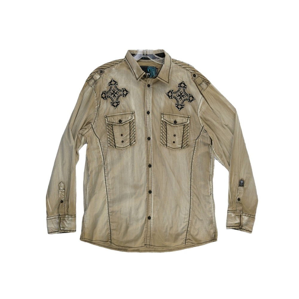 Roar Vintage Shirt Men's Size XXL Tan Embroidered Cross Western